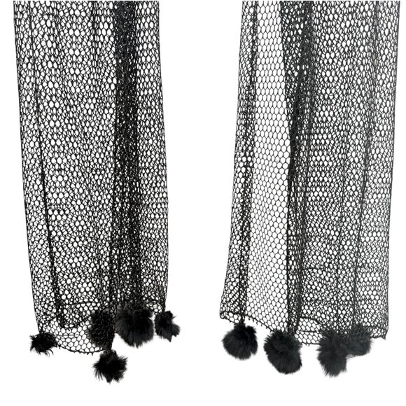 Black Mesh Scarf Fur Pom Pom Evening Shawl Fishnet Wrap - Picture 3 of 9